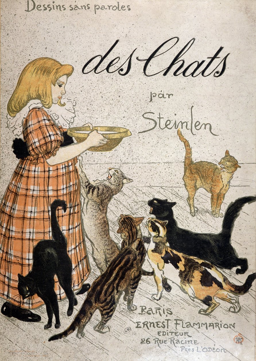 Jente som bringer en melkeskål til katter - cover “” Cats” av Steinlen, n.d. 19. av Théophile Alexandre Steinlen