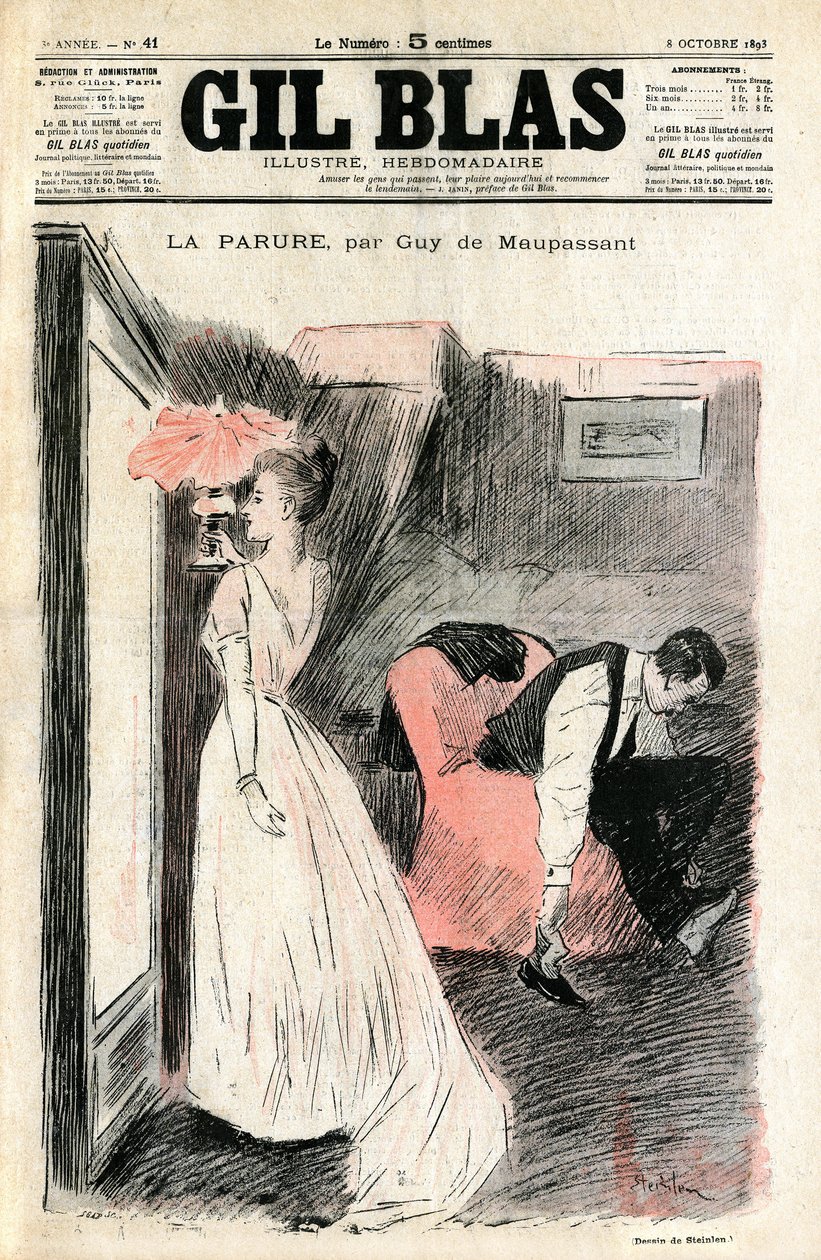 Illustrasjon av Steinlen av Guy de Maupassants novelle "" The Parure"". Madame Loisel ser på seg selv i speilet mens mannen hennes tar av seg skoene. Hun finner ut at hun mistet kjedet (diamantelven) lånte henne til henne av venninnen Madame Fores av Théophile Alexandre Steinlen