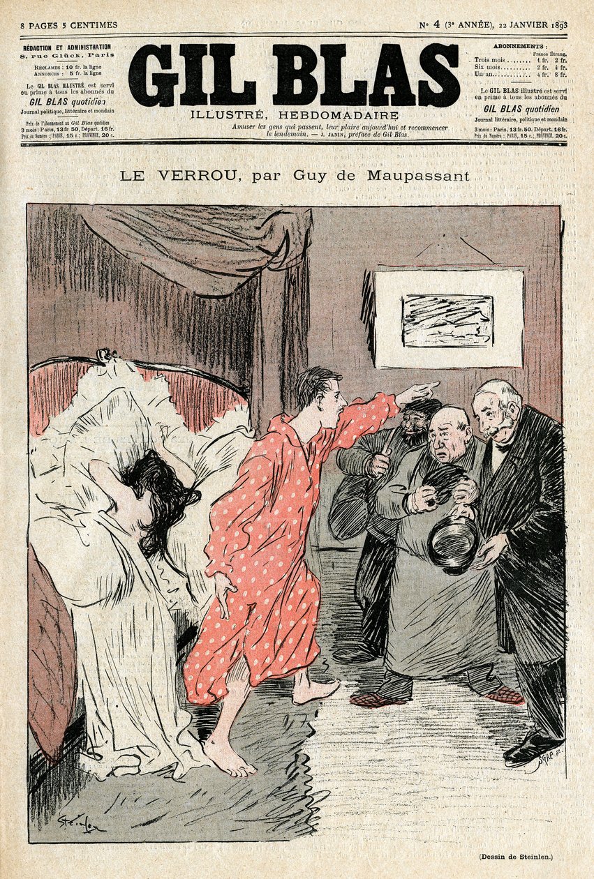 Illustrasjon av Steinlen av Guy de Maupassants novelle “” Låsen”””. Ulovlig par fanget i full kjærlighet ebats - Utrolig, overraskelse. Forside av Gil Blas nr. 4, 22. januar av Théophile Alexandre Steinlen