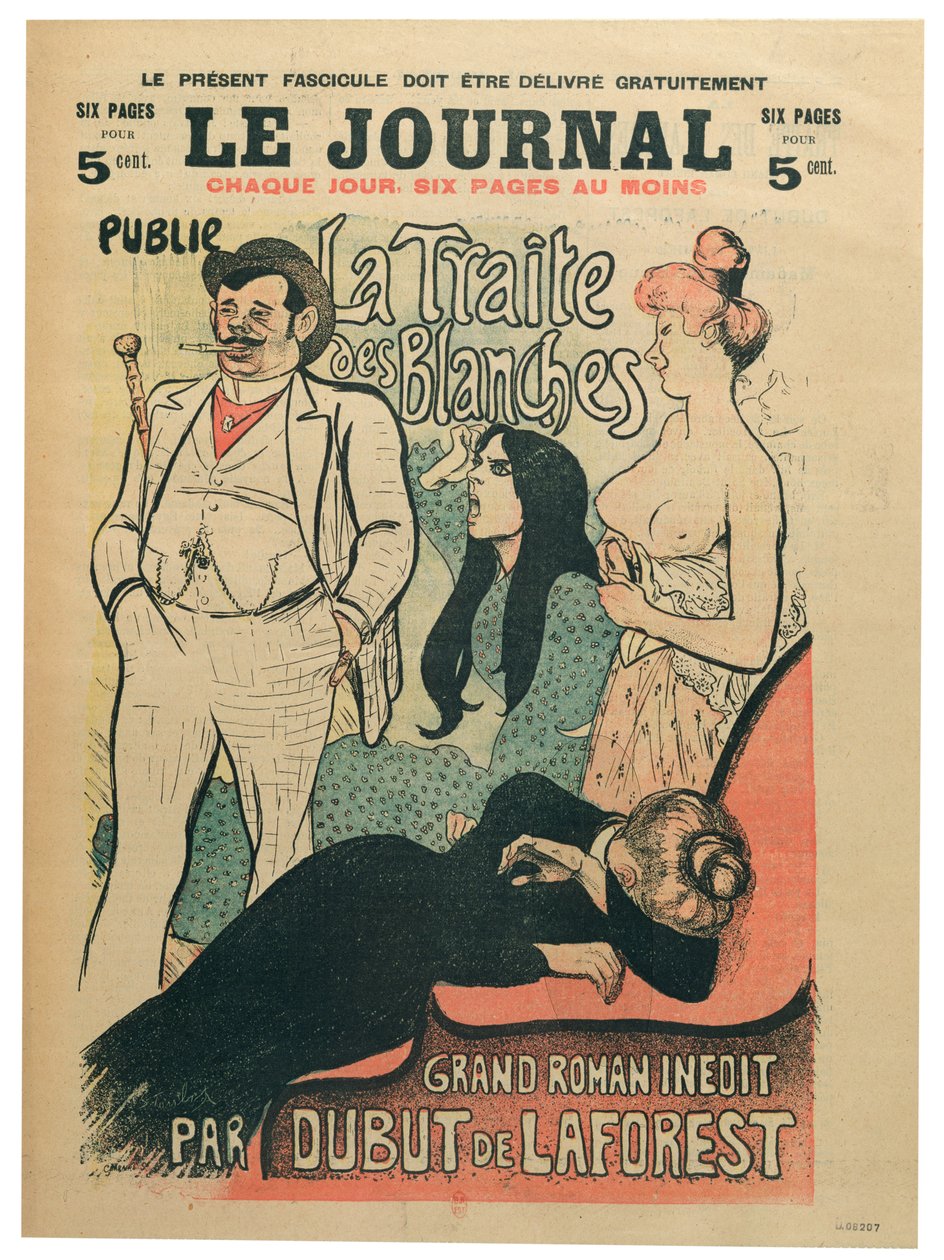 'La Traite des Blanches', av Jean-Louis Dubut de Laforest (1853-1902), omslag til 'Le Journal', slutten av 1800-tallet (farge litho) av Théophile Alexandre Steinlen