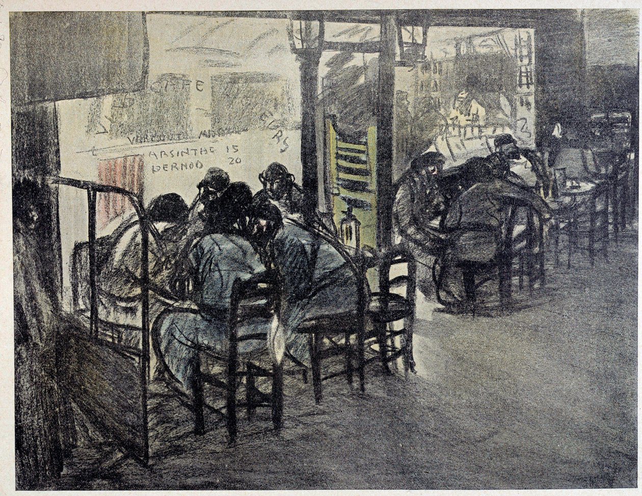 På terrassen til kafeen (På utstillingsvinduet står det skrevet “” Absinthe 15””, “” Pernod 20””) Tegning av Theophile Alexandre Steinlen (1859-1923) Paris fra 1900-tallet, Musee Carnavalet av Théophile Alexandre Steinlen
