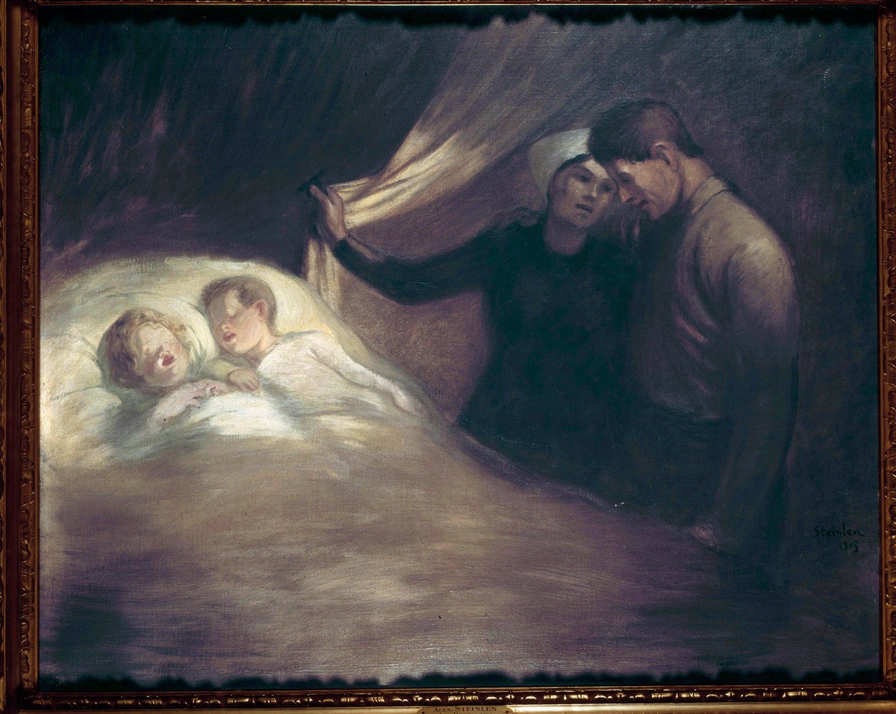 Fattige mennesker Et par foreldre med beskjedne kår hvisker mens de ser på barna deres som sover. Maleri av Theophile Alexandre Steinlen (1859-1923). 1903 Paris, hus Victor Hugo av Théophile Alexandre Steinlen