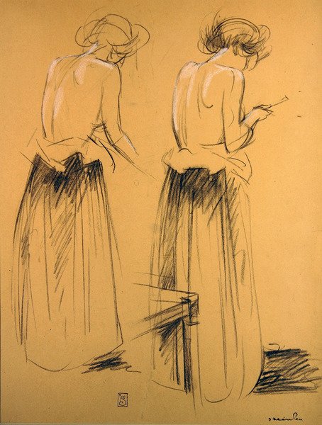 To studier av kvinner sett bakfra (kritt på papir) av Théophile Alexandre Steinlen