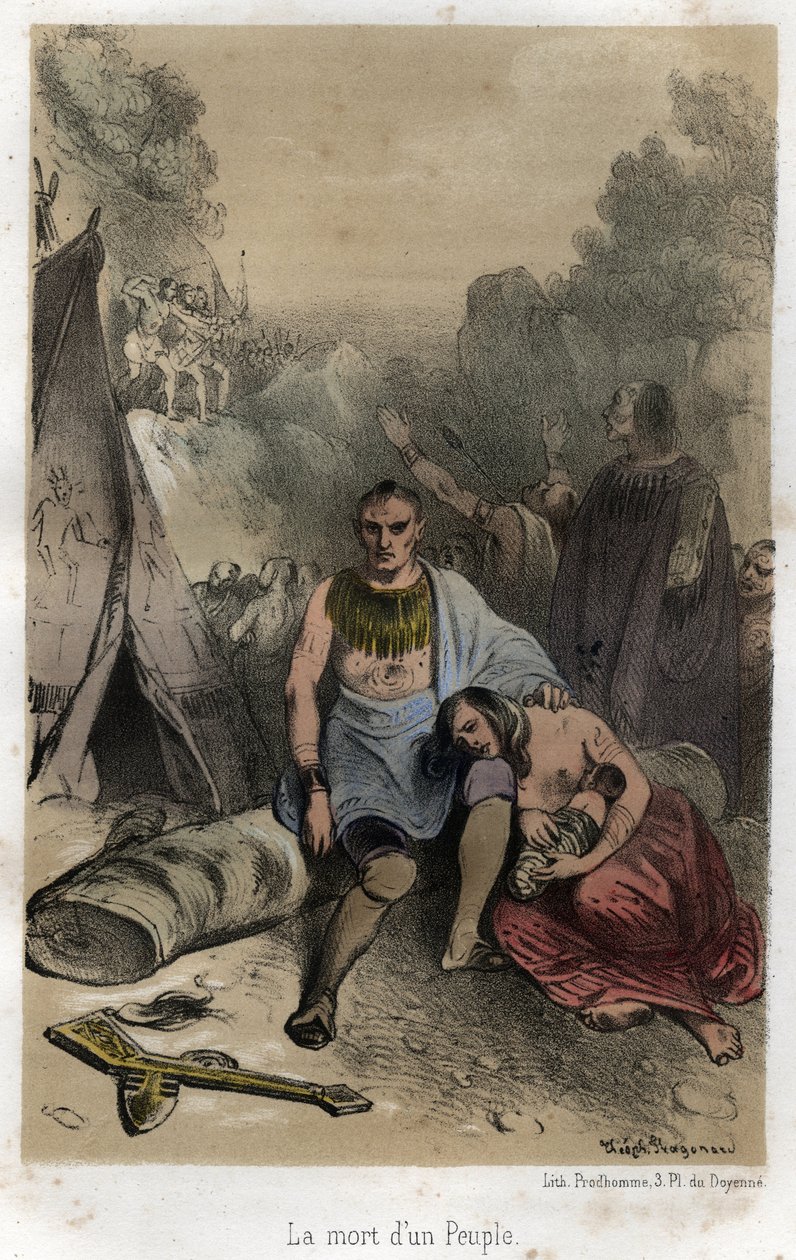 Hurons-massakrene av Iroquois i Canada i 1763 (Paris-traktaten). Gravering fra 1845 i "" Jesuitenes dramatiske og pittoreske historie fra grunnleggelsen av ordenen til i dag"" av Adolphe Boucher, tegning av Theophile Fragonar av Theophile Evariste Fragonard