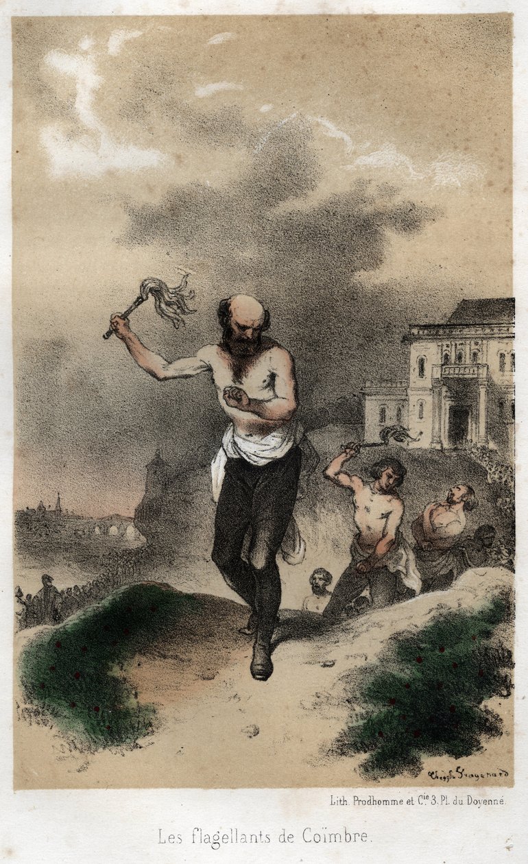 Flagellantene i Coimbre: Jesuitene i Coimbra i Portugal bøder for synden sin offentlig ved å piske rundt 1560. Gravering fra 1845 i "" Jesuitenes dramatiske og pittoreske historie fra ordenens grunnleggelse til i dag av Theophile Evariste Fragonard