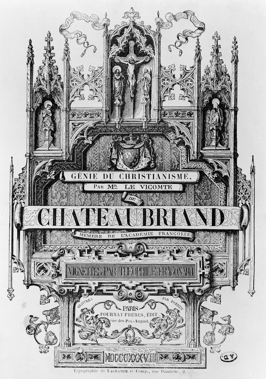 Tittelside til 'Le Genie du Christianisme' av Francois Rene (1768-1848) Viscount of Chateaubriand, gravert av Henri Desire Porret, 1838 av Theophile Evariste Fragonard