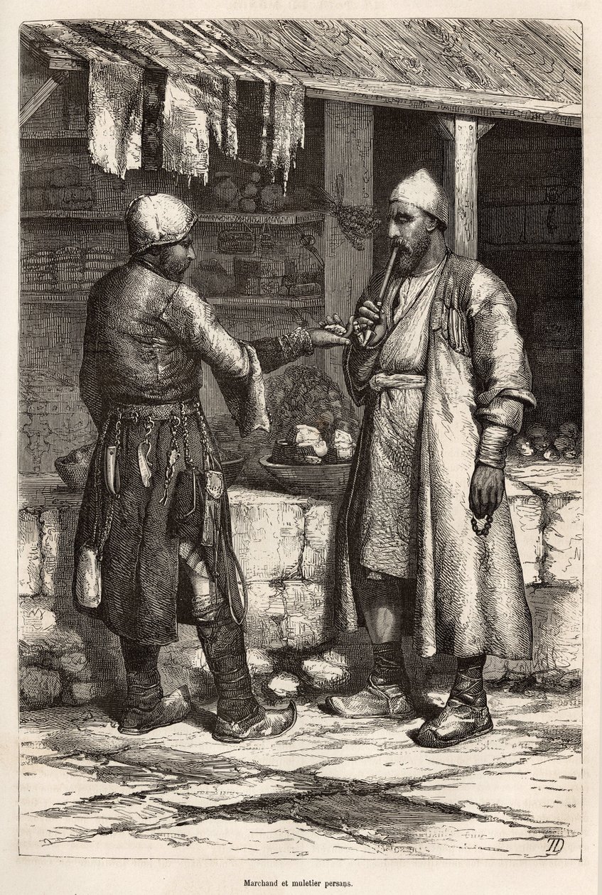 En persisk kjøpmann og muldyrmaker i en landsby i Armenia, gravert etter en tegning av forfatteren, som illustrerer reisen i Lazistan og Armenia, av Theophile Deyrolles, i 1869, utgitt i "" Le tour du monde"" 1875, redigert av Edouard Charton, Hache av Theophile Louis Deyrolle