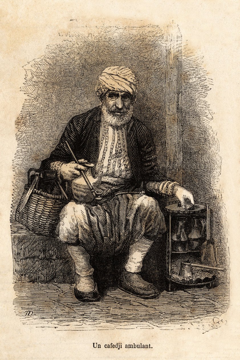 En kaféselger (cafedji) som reiser, i basaren i Trebizonde (dagens Trabzon, ved Svartehavskysten), graverer etter en tegning av fortelleren, som illustrerer en reise til Lazistan og Armenia, fra 1869, av Theophile Deyrolle, utgitt i "" Le to av Theophile Louis Deyrolle