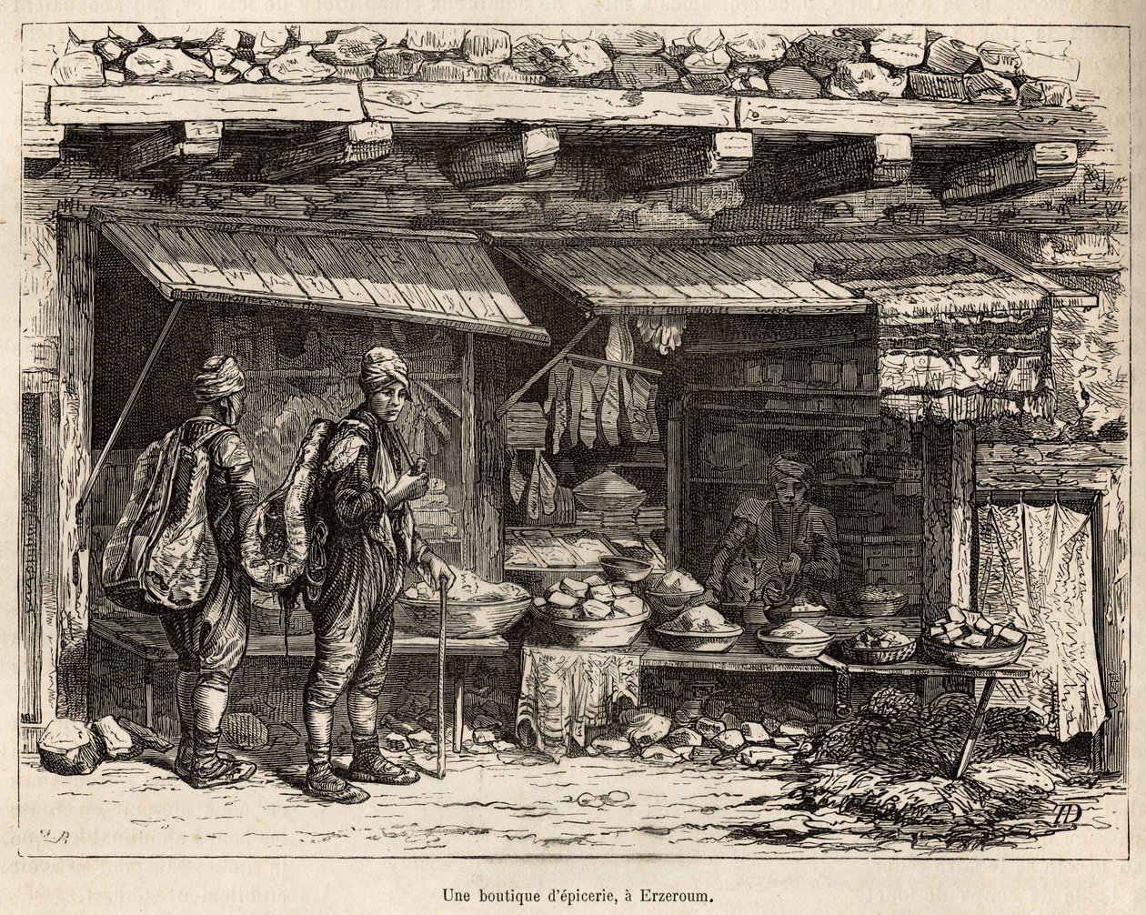 En dagligvarebutikk i Erzeroum (Armenia), gravert etter en tegning av forfatteren, som illustrerer reisen i Lazistan og Armenia, av Theophile Deyrolles, i 1869, publisert i "" Le tour du monde""" 1875, redigert av Edouard Charton,  av Theophile Louis Deyrolle