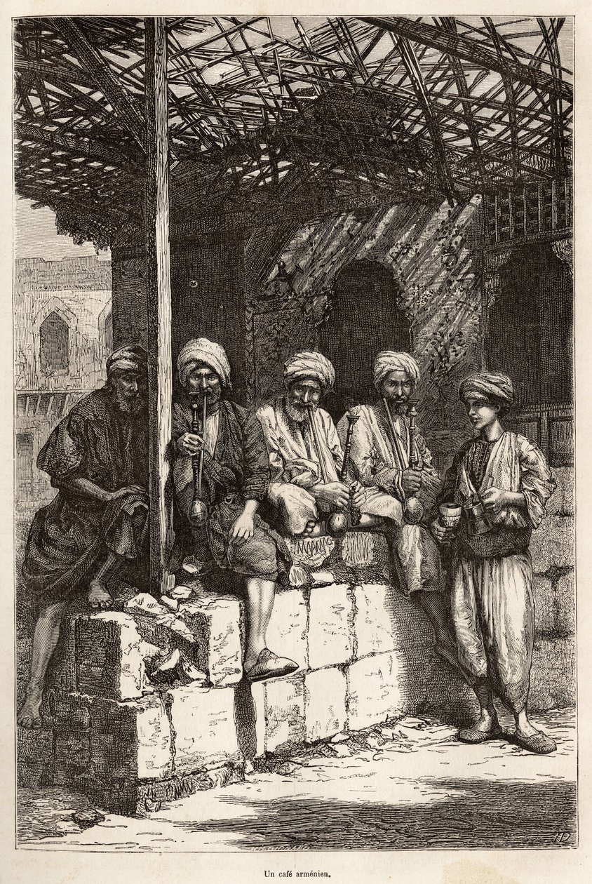 En armensk kafé, et sted for maskulin gemyttlighet, for å drikke kaffe og røyke pipe, gravering etter en tegning av forfatteren, som illustrerer reisen i Lazistan og Armenia, av Theophile Deyrolles, i 1869, publisert i "" Le tour du monde" "" 1875, e av Theophile Louis Deyrolle