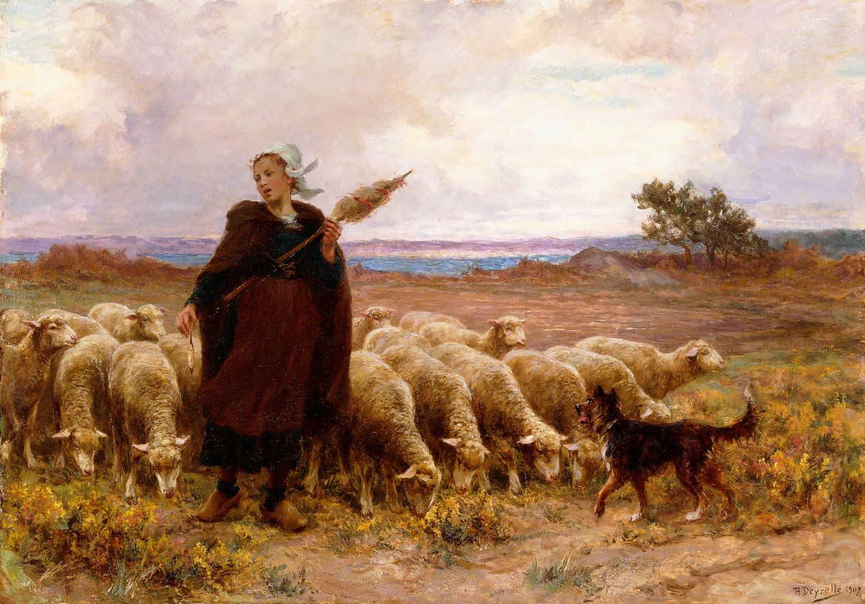 Gjeterinne med flokken sin, 1907 av Theophile Louis Deyrolle