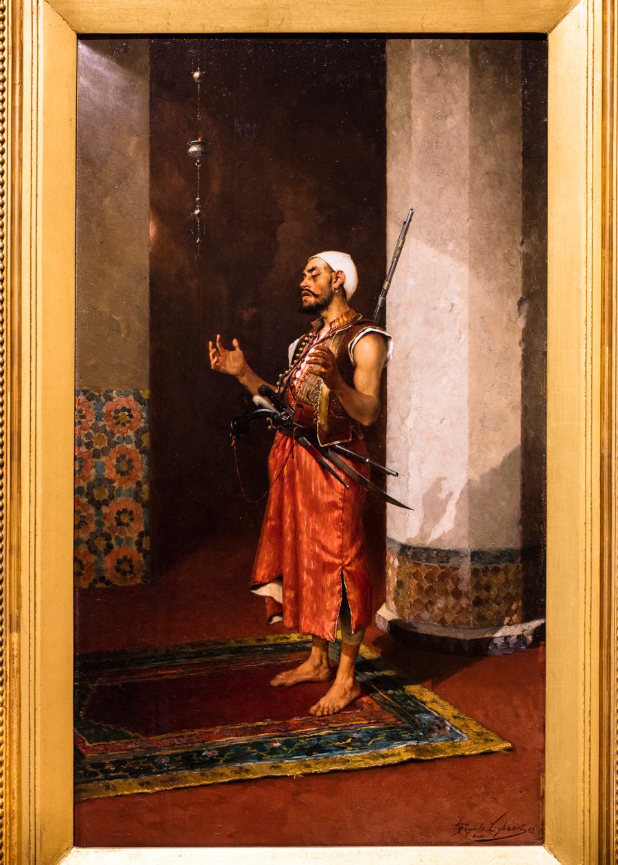 Tyrkisk vakt i bønn (olje på panel) av Theophile Marie Francois Lybaert