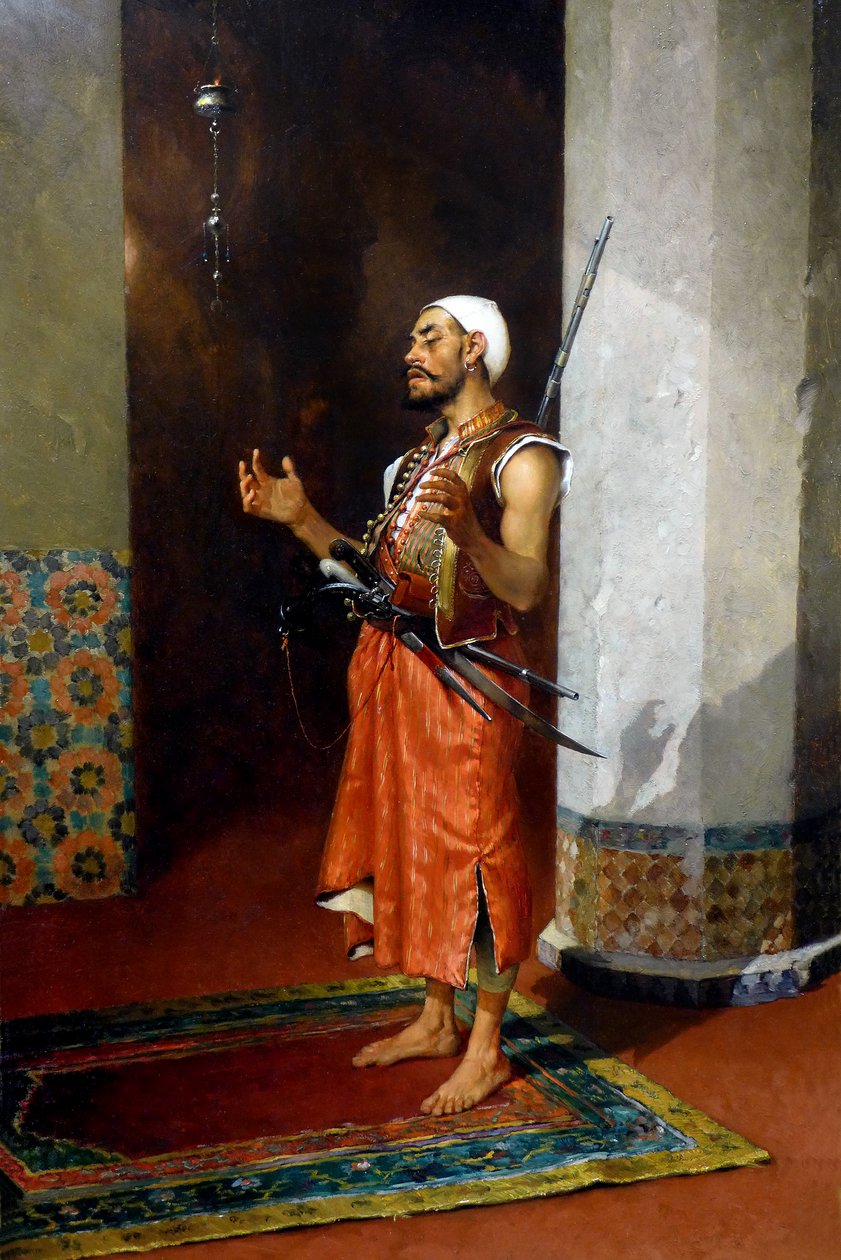 Tyrkisk vakt ber, sent 1800-begynnelse av 1900-tallet (olje på lerret) av Theophile Marie Francois Lybaert