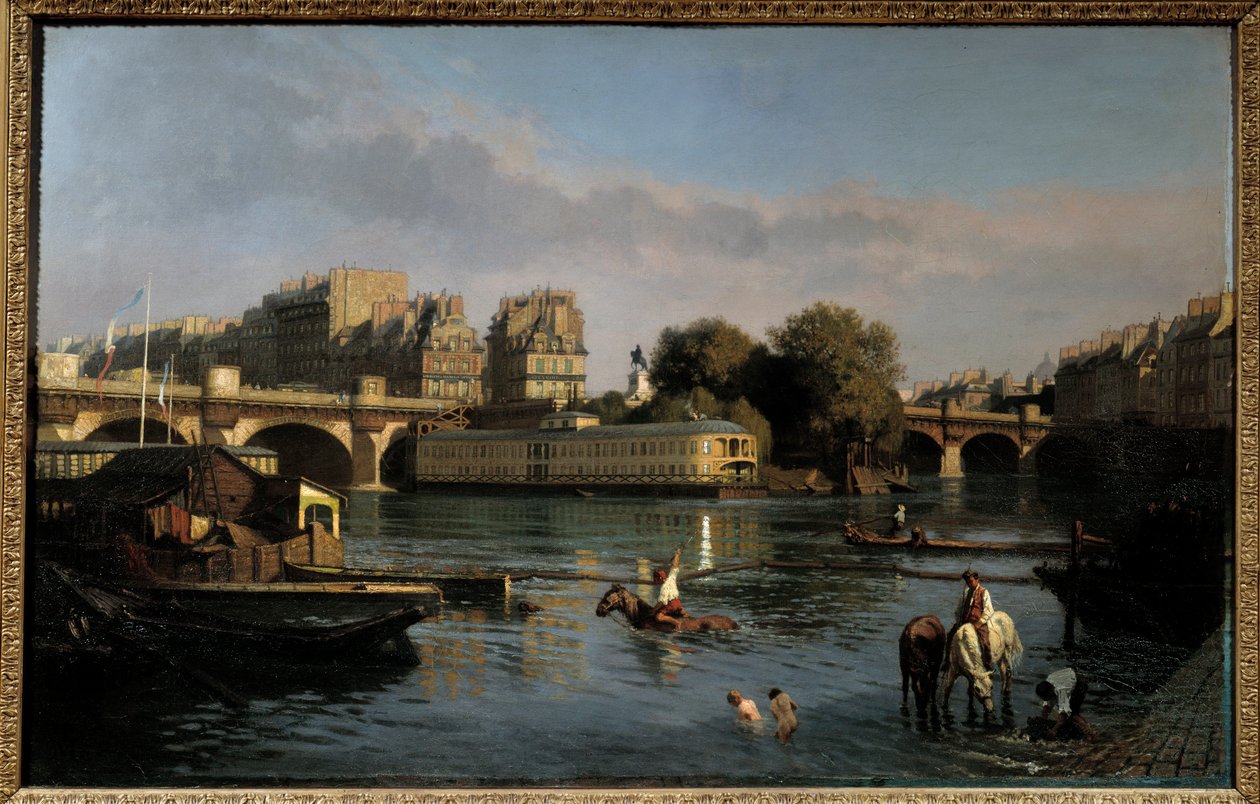 Den nye broen og spissen av Ile de la Cite. Utsikt over Paris. Maleri av Theophile Meunier (1800-1884) av Théophile Meunier