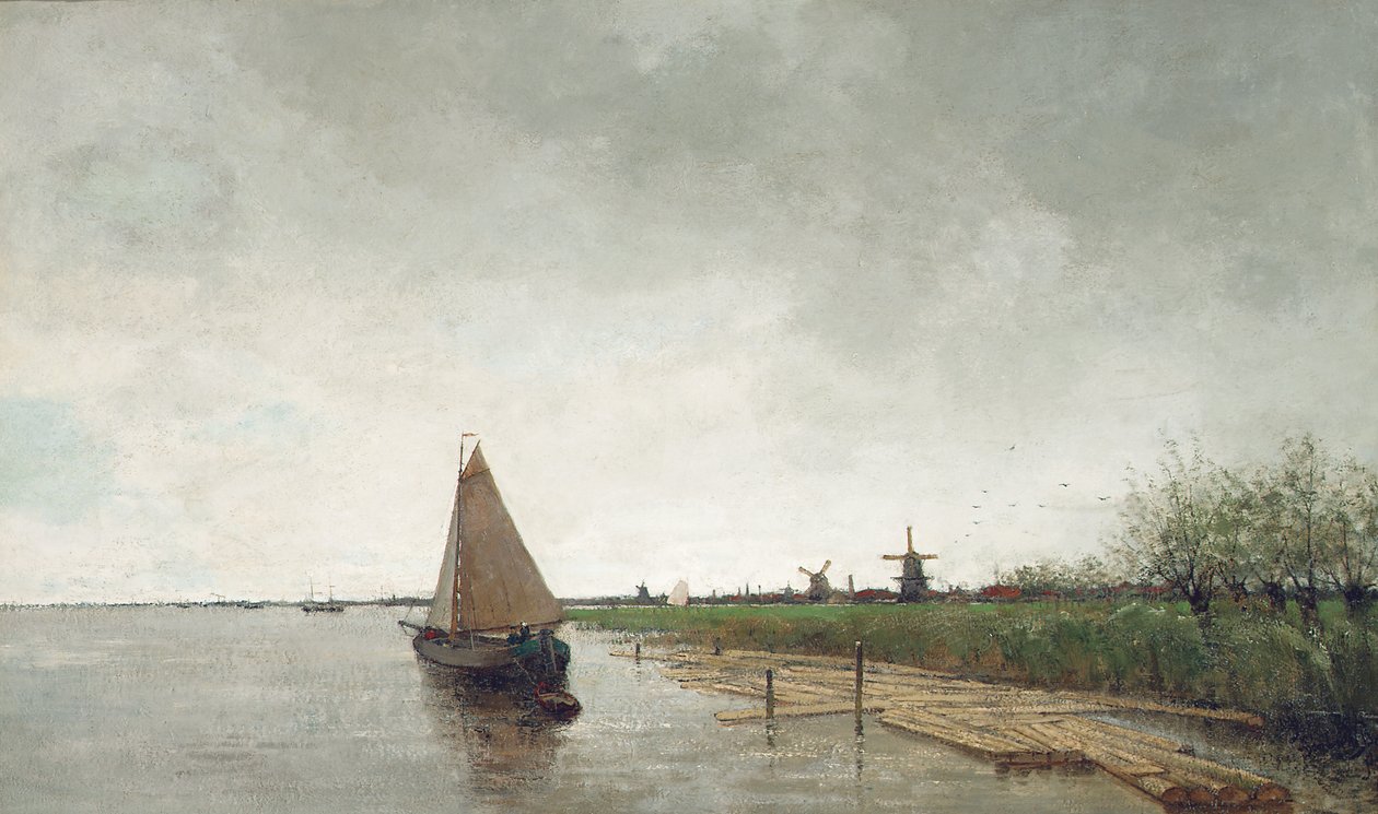 Et elvelandskap med fartøyer, en by utenfor (olje på lerret) av Theophile de Bock