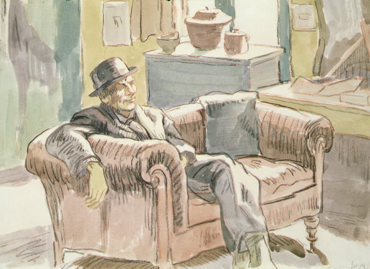 Walter Sickert sittende på en sofa, ca. 1927 (svart kritt og akvarell på papir) av Therese Lessore
