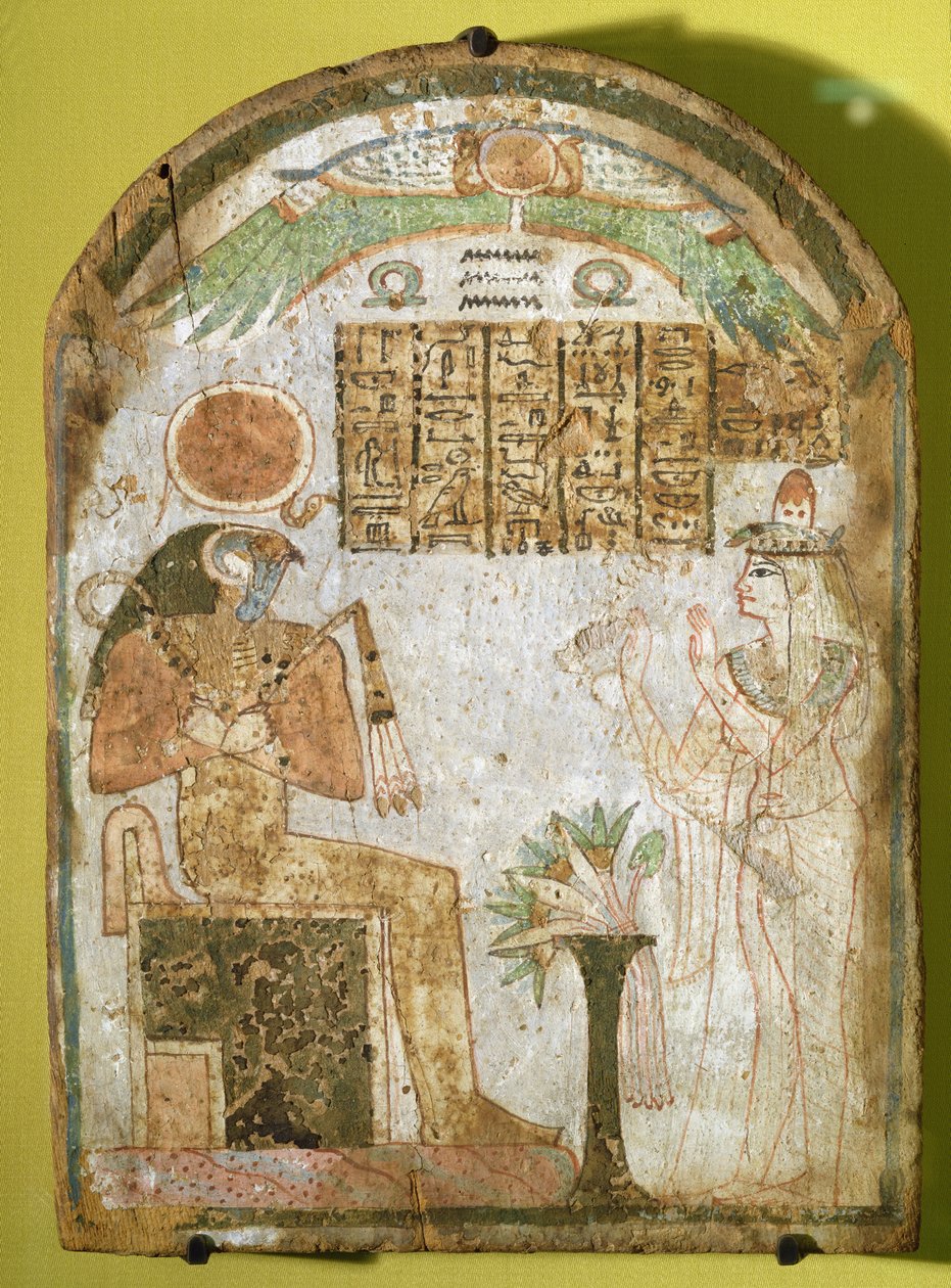 Stela som viser Tachenes som ber foran guden Re-Horakhty, 900 f.Kr. (malt tre) av Third Intermediate Period Egyptian