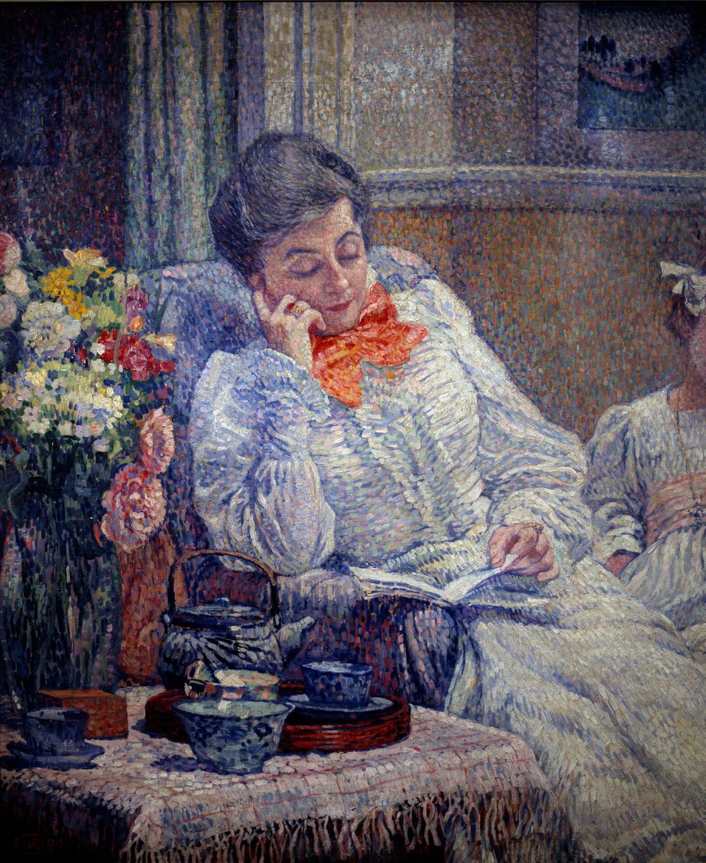 Belle epoque: "" Woman Reading"" Maleri av Theodore Van Rysselberghe (1862-1926) 1899 Brussel, Royal Museum of Fine Arts av Théo van Rysselberghe