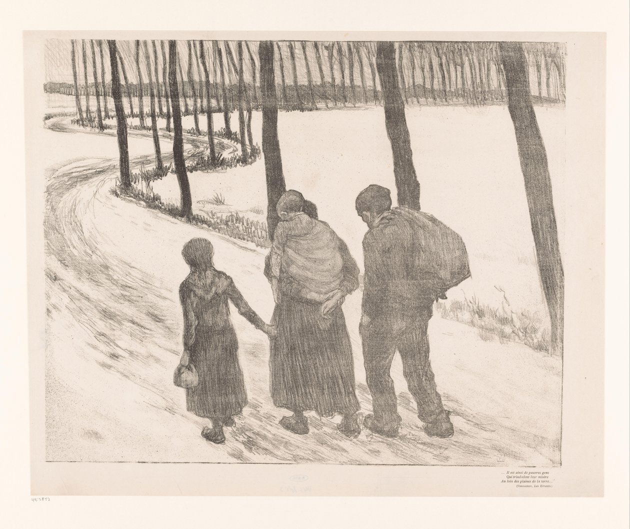 Mann og kvinne med to barn som går på en landevei Pauvres gens av Théo van Rysselberghe