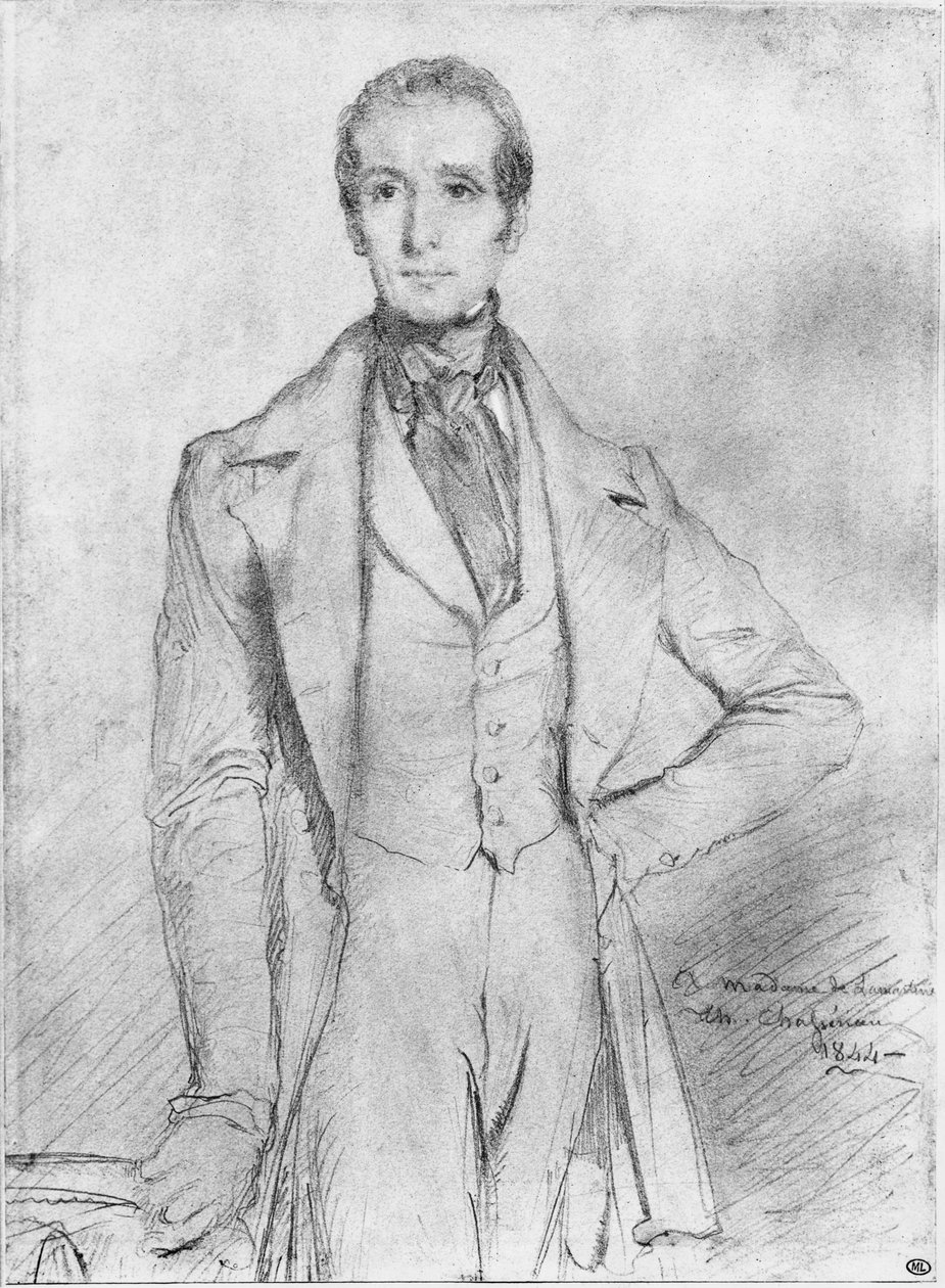 Portrett av Alphonse de Lamartine, 1844 (svart bly og hvite høydepunkter på beige papir) av Théodore Chassériau