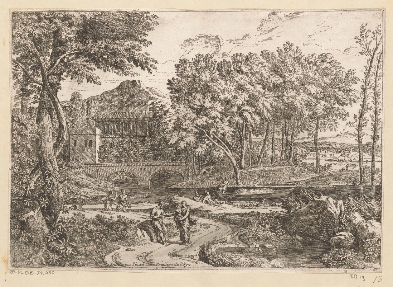 Arkadisk landskap med en flokk geiter ved vannet og en mor med barn på en sti med andre figurer Suite de Paysages (serietittel) av Théodore