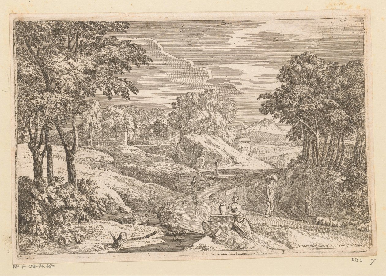 Arkadisk landskap med en kvinne som sitter ved en vase og andre figurer Suite de Paysages (serietittel) av Théodore
