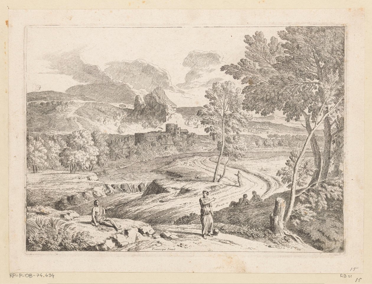 Arkadisk landskap med figurer langs en sti ved en bekk Suite de Paysages (serietittel) av Théodore