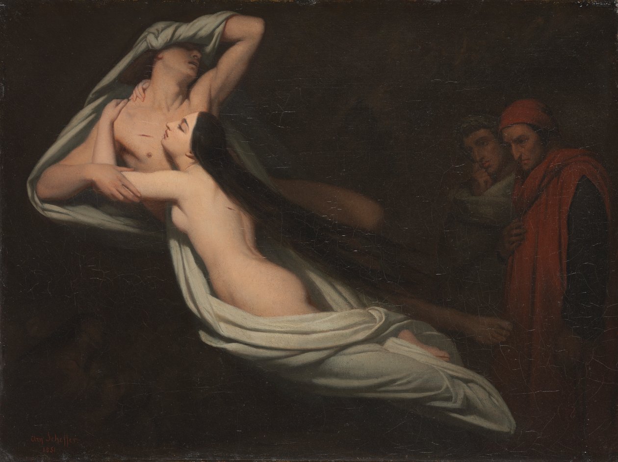 Dante og Virgil møter skyggene til Francesca da Rimini og Paolo av Théodore Caruelle d