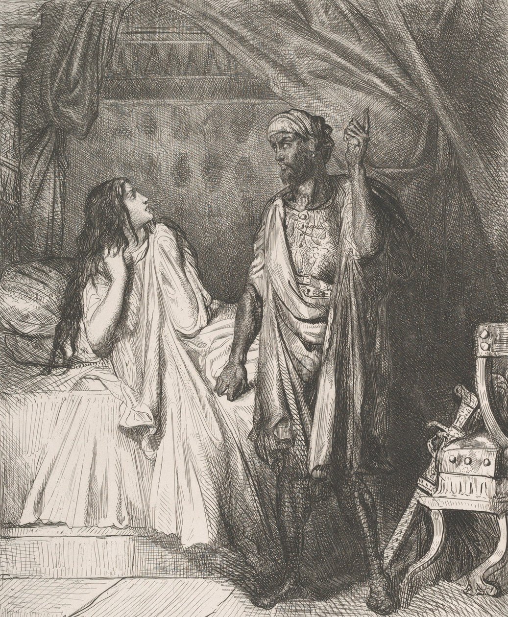 Har du bedt i kveld, Dedesmona: plate 12 fra Othello Act 5, ..., etset 1844, gjengitt 1900. av Théodore Chassériau