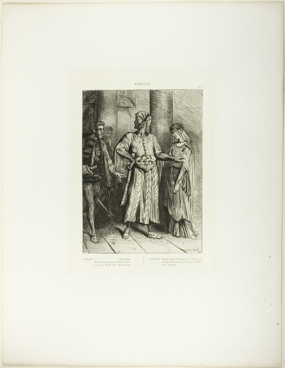 Honest Iago, Desdemona Must I Leave to Thee, plate 4 (akt 1, scene 3), fra Othello av Théodore Chassériau