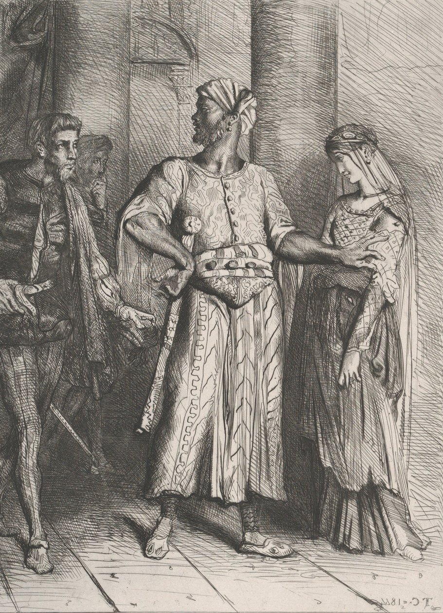Ærlig Iago, min Desdemona må jeg overlate til deg: plate 4 fra Othell..., etset 1844, gjengitt 1900. av Théodore Chassériau