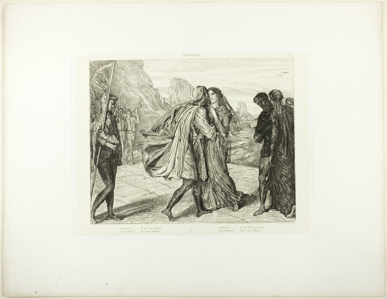O My Fair Warrior!, plate 5 (akt 2, scene 1) fra Othello av Théodore Chassériau