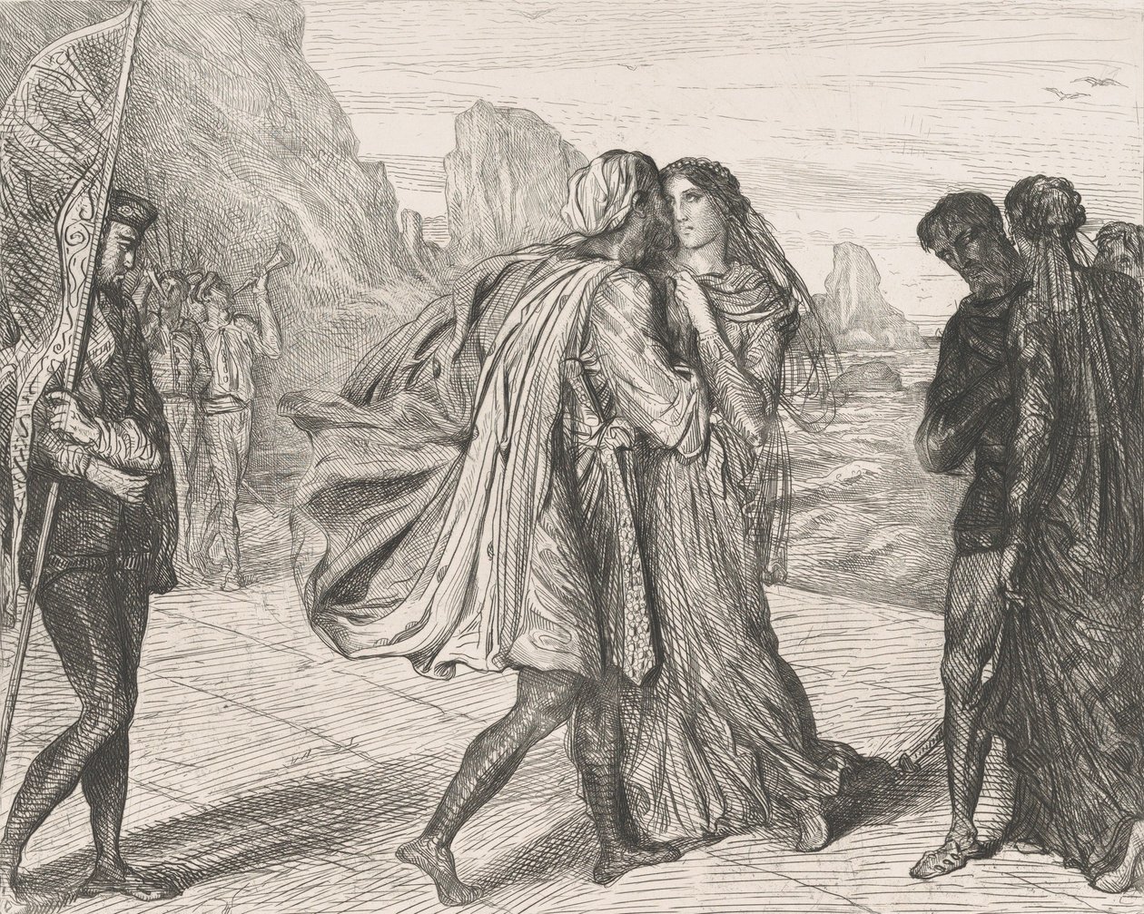O my fair warrior!: plate 5 fra Othello Act 2, Scene 1, etset 1844, gjengitt 1900. av Théodore Chassériau