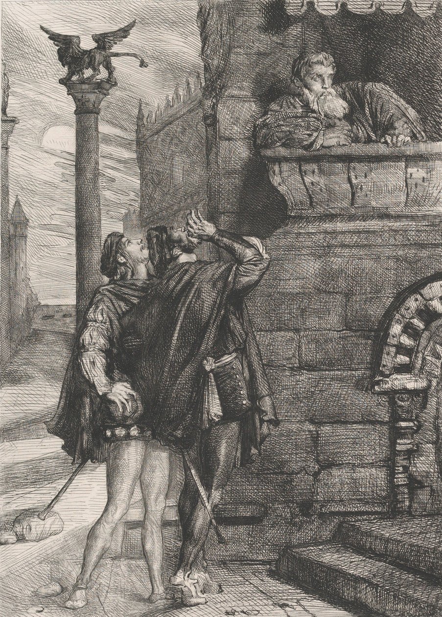 Vekk! hva ho! Brabantio! tyver! tyver!: plate 1 fra Othello Act 1, scene 1, 1844. av Théodore Chassériau