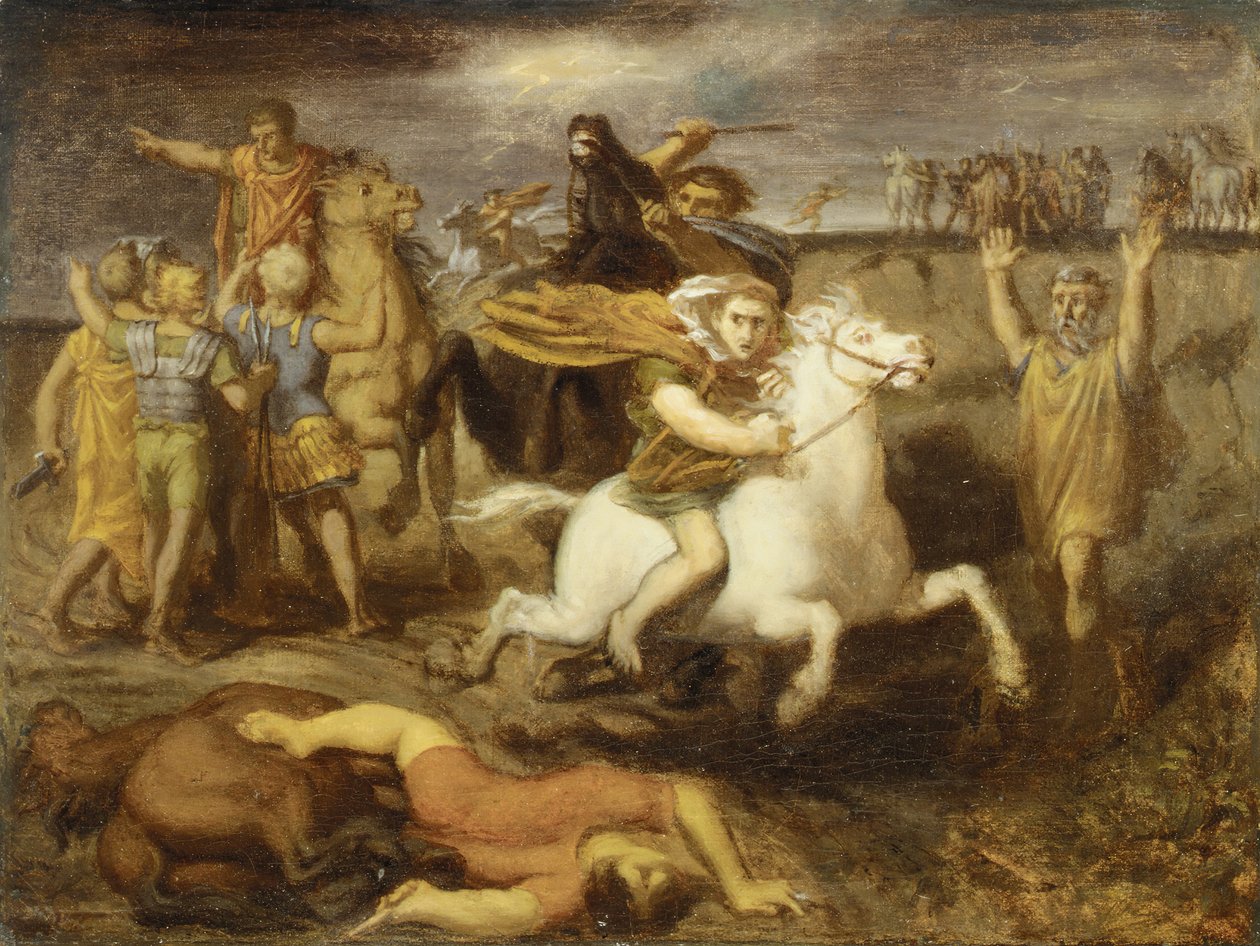 Scene fra de galliske krigene: Gallia Littavicus, forråder den romerske sak, flykter til..., ca. 1838-40 av Théodore Chassériau