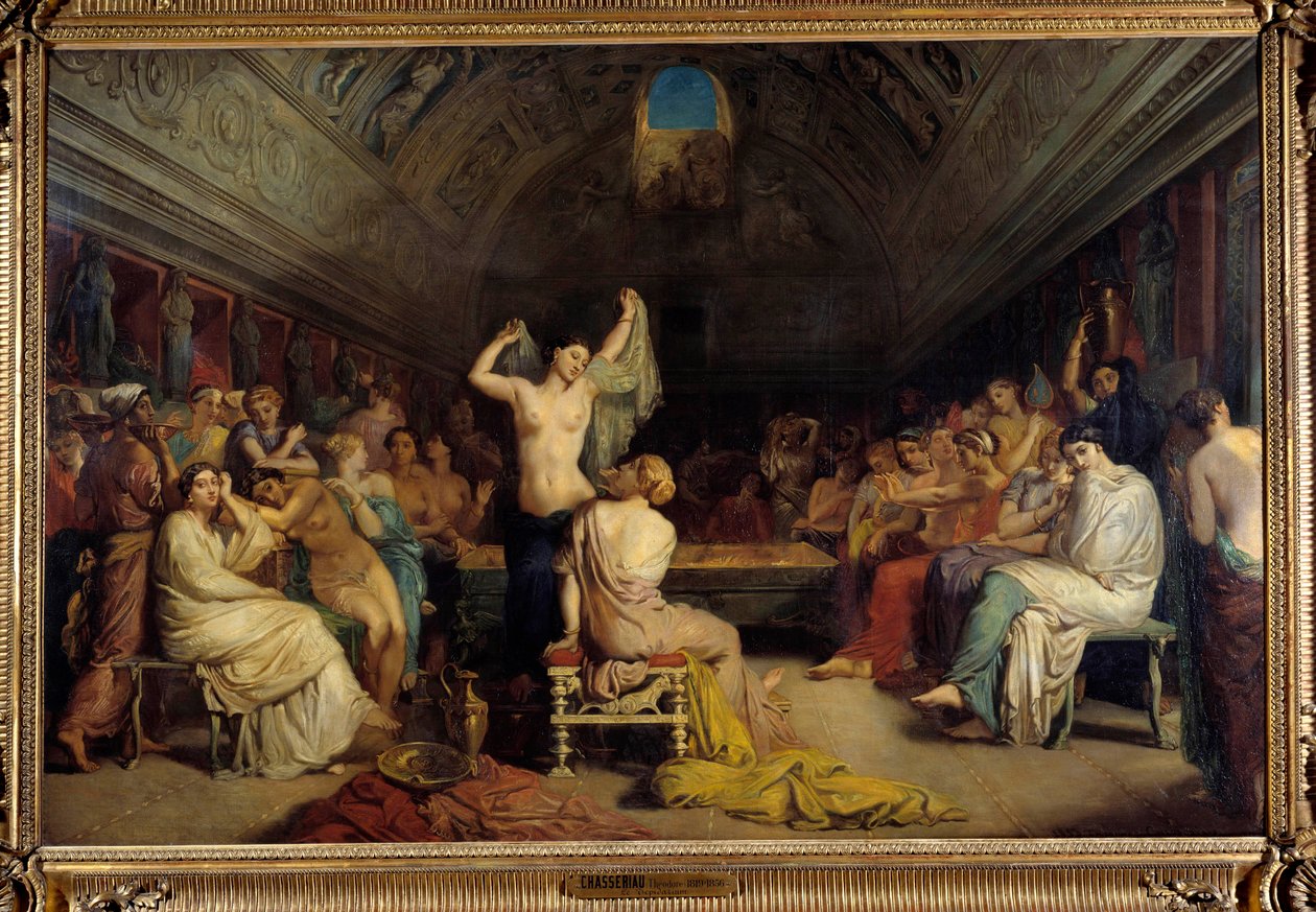 Tepidarium. Kvinner gjenforenes i delen av de varme badene under det gamle Roma. Maleri av Theodore Chasseriau (1819-1856). Olje på lerret av Théodore Chassériau