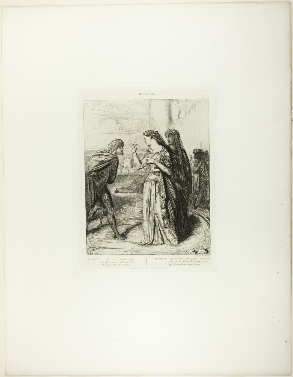 Vær derfor Merry Cassio, plate 6 (akt 3, scene 3) fra Othello av Théodore Chassériau