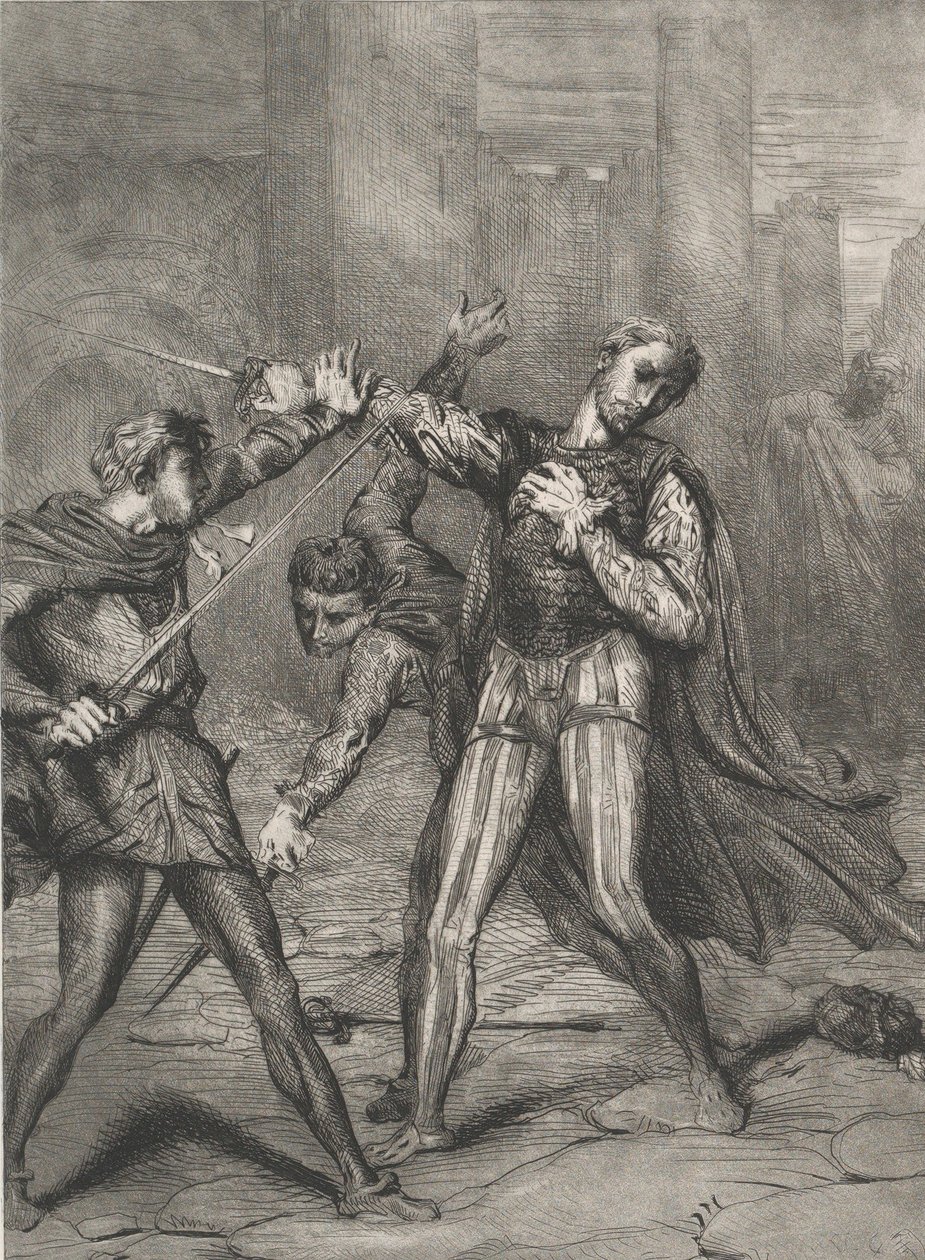 Skurk, du dør: plate 10 fra Othello Act 5, Scene 1, etset 1844, gjengitt 1900. av Théodore Chassériau