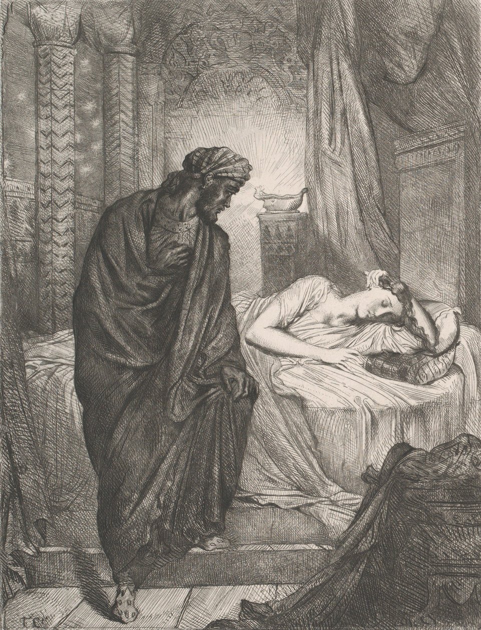 Likevel må hun dø: plate 11 fra Othello Act 5, Scene 2, etset 1844, gjengitt 1900. av Théodore Chassériau