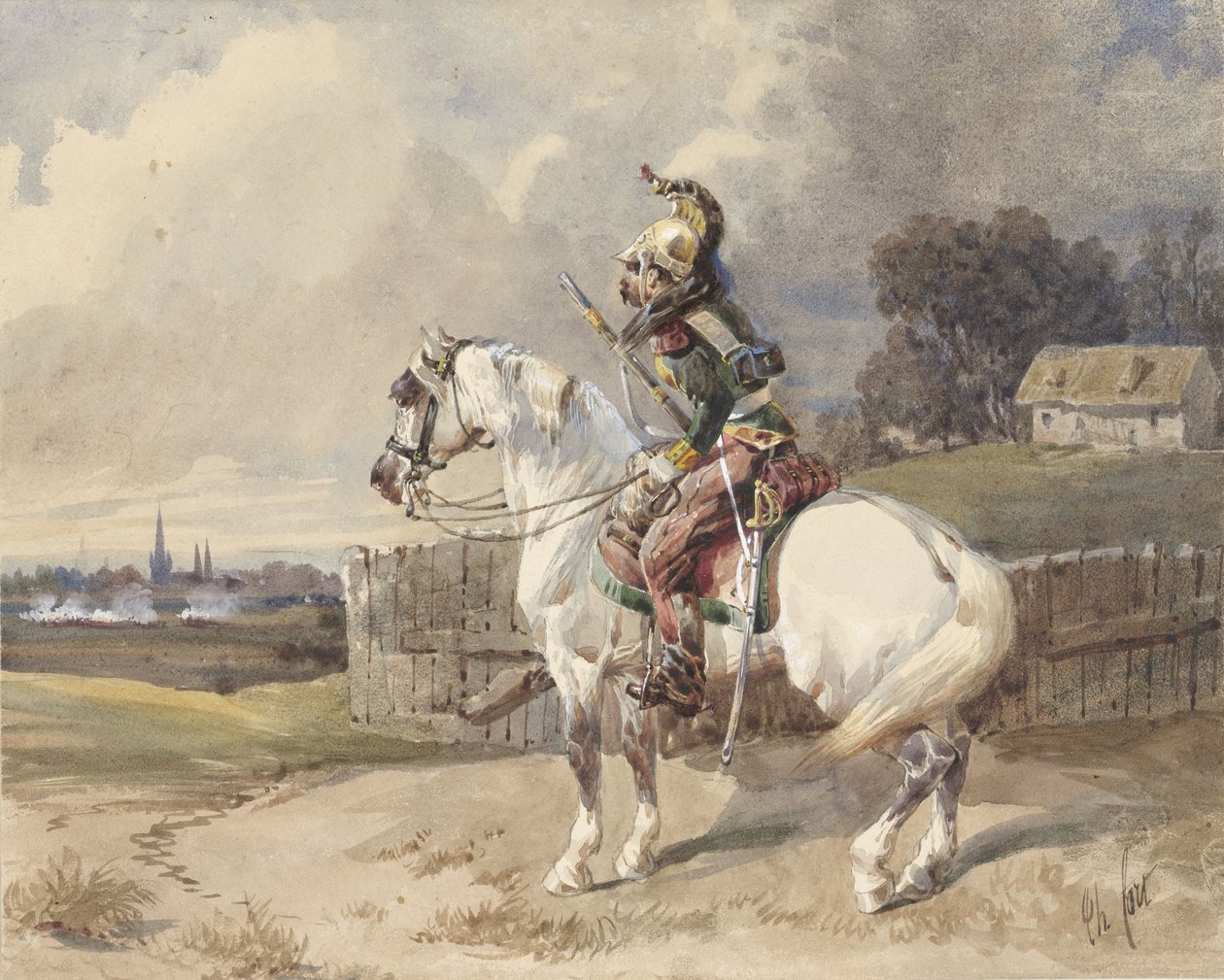Fransk drage på en hvit hest, svingt til venstre, i profil av Théodore Fort (signed by artist)