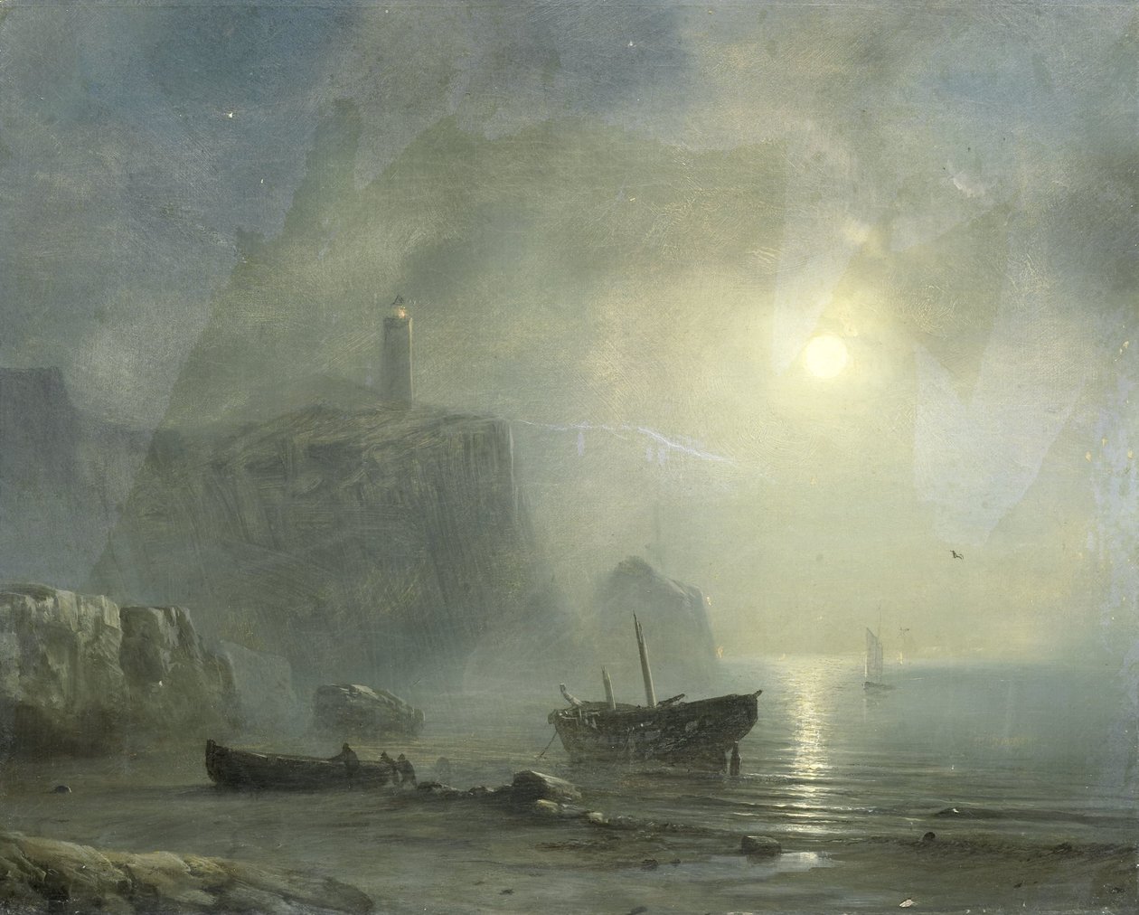 Utsikt over en steinete kyst ved måneskinn av Théodore Gudin (attributed to)