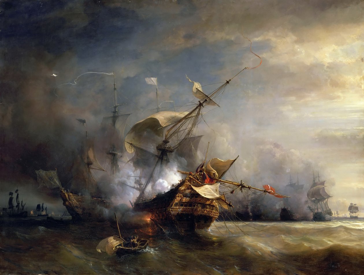 Sjøslaget nær Lizard Point, Cornwall 21. oktober 1707 av Jean Antoine Theodore Gudin
