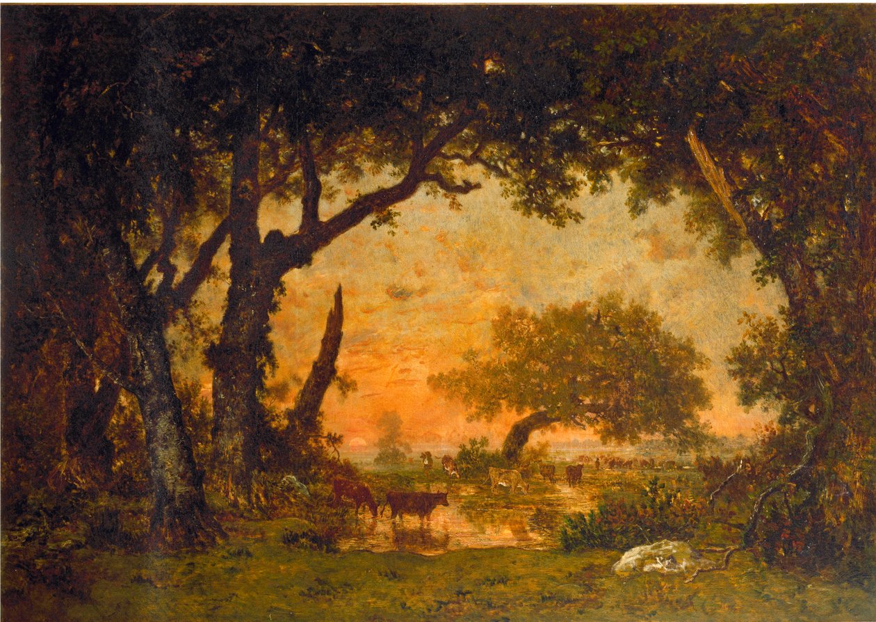 Utgang fra skogen i Fontainebleau, solnedgang (olje på lerret av Pierre Etienne Theodore Rousseau