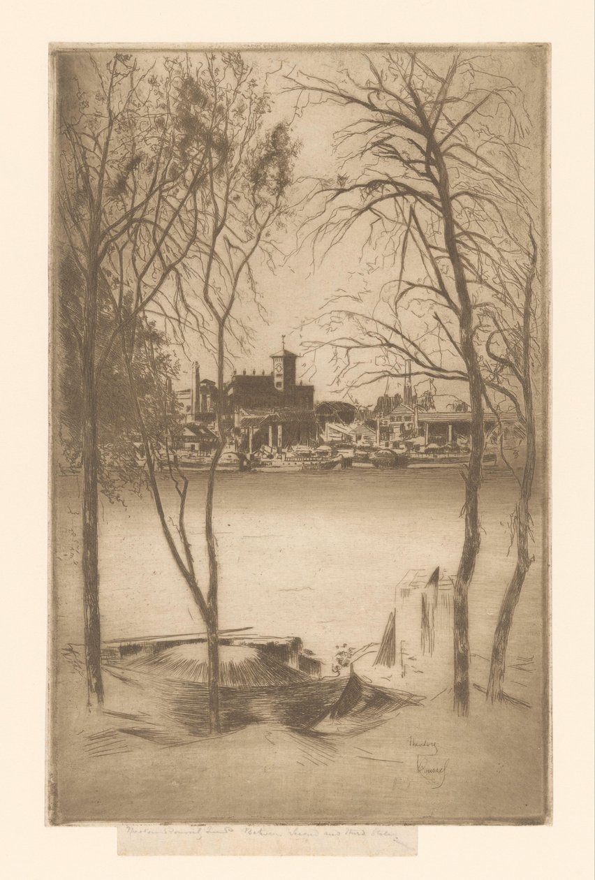Utsikt over en elv med havn og industri Laburnums og Battersea av Théodore Roussel (signed by artist)