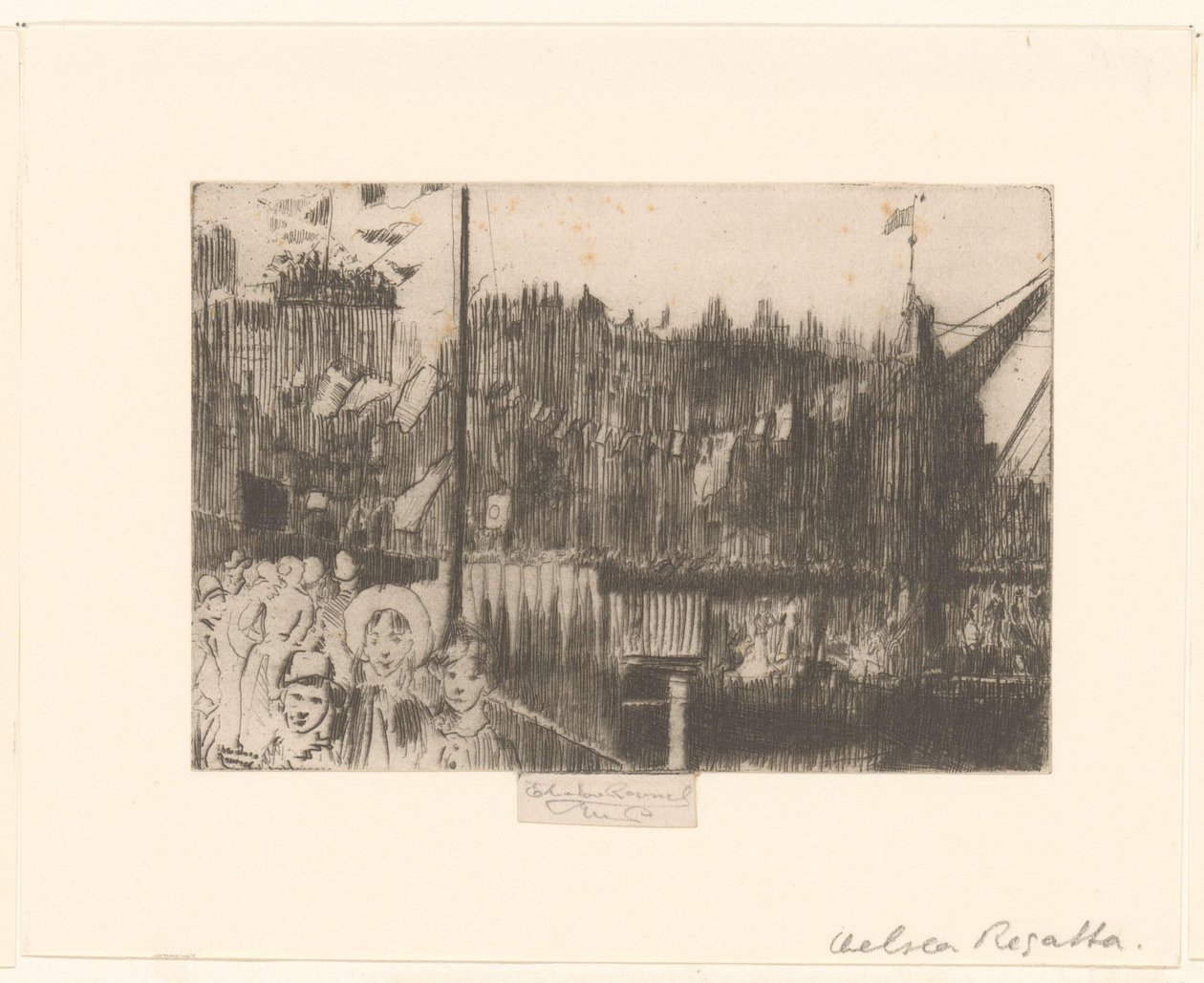 Bybilde med figurer på kai dekorert med flagg Chelsea Regatta av Théodore Roussel (signed by artist)