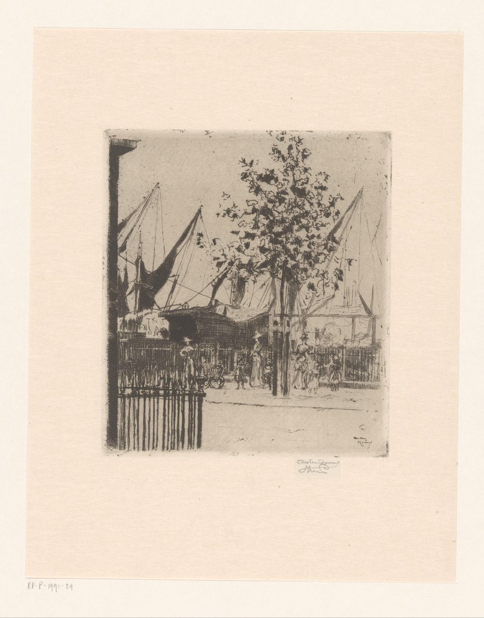 Gateutsikt med figurer ved en havn Hjørnet av Luna Street, Chelsea Embankment av Théodore Roussel (signed by artist)