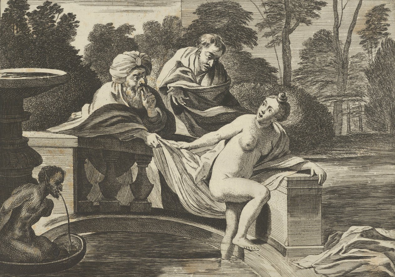 Susanna, delvis naken og går ut av en fontene med to eldste til venstre, en o..., ca. 1656-60. av Théodorus van Kessel
