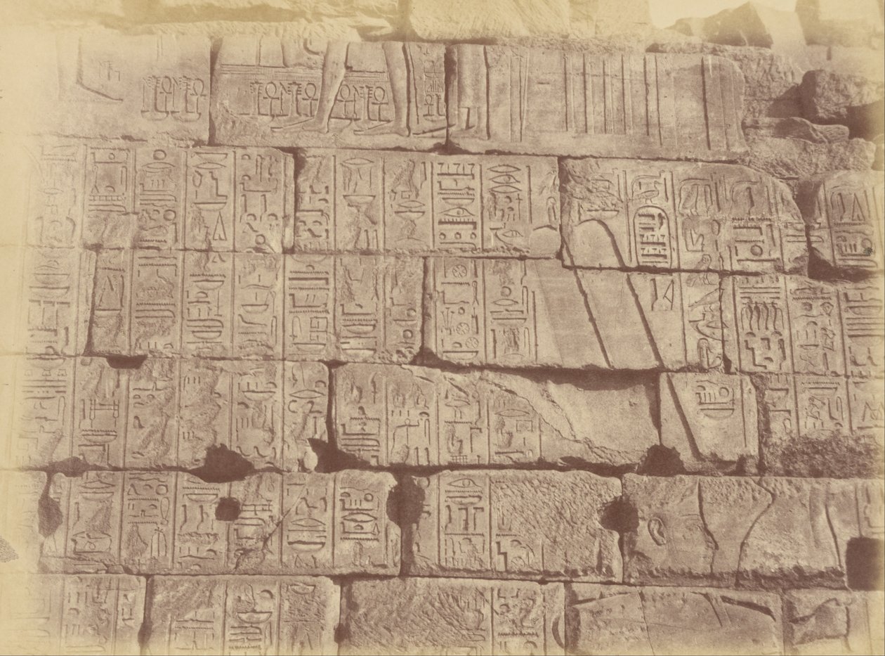 (Nærbilde av hieroglyfiske inskripsjoner og skulpturer (Liste over de beseirede nasjonene), Karnak) av Théodule Devéria