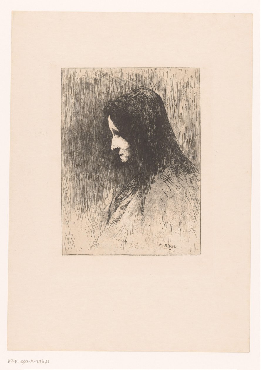 Byste av en gammel kvinne med hodeskjerf, sett fra siden av Théodule Augustin Ribot