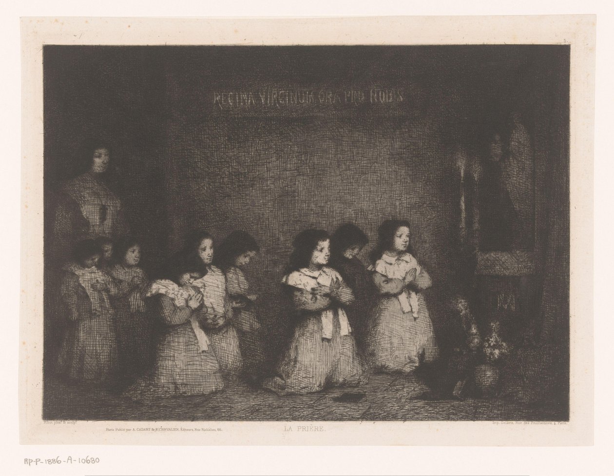 En gruppe jenter i bønn foran en statue av Maria La Priere (tittel på objekt) Eaux-Fortes Modernes: Originales et Inédites (serietittel) av Théodule Augustin Ribot